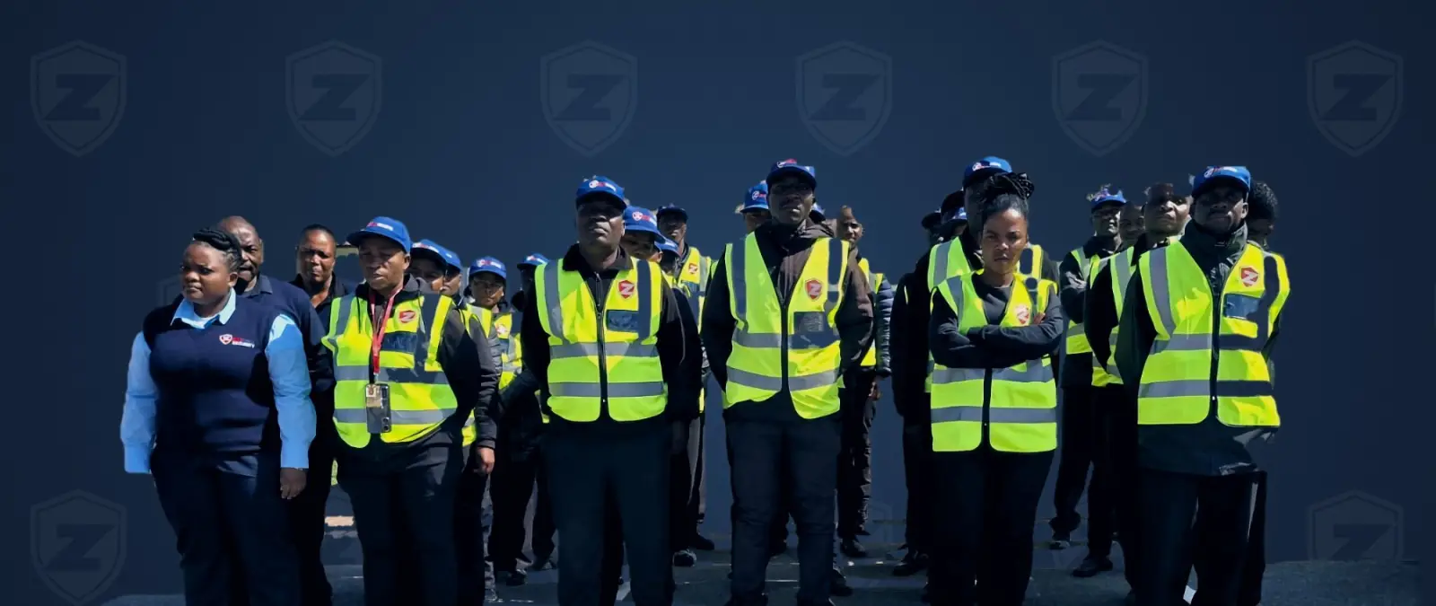 A large ZENOSC team in hi-vis vests and blue caps on a navy ZENOSC backdrop